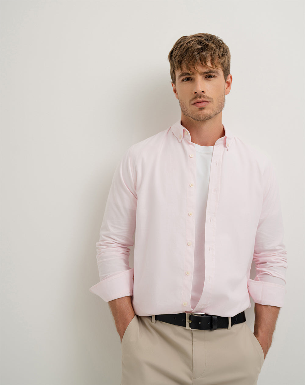 Camisa manga larga slim algodón rosada hombre