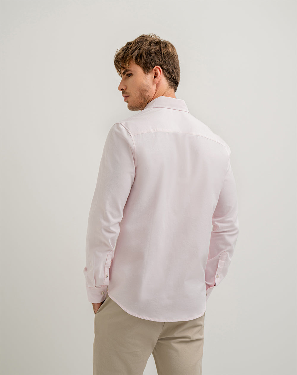 Camisa manga larga slim algodón rosada hombre
