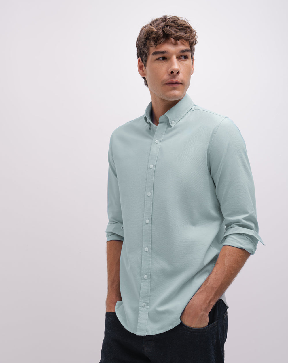 Camisa manga larga regular verde hombre