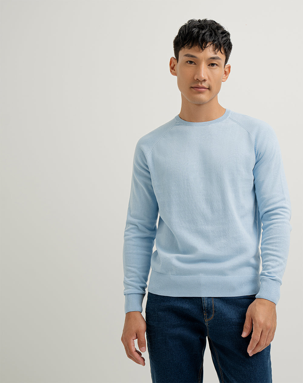 Suéter regular tejido de punto algodón azul hombre