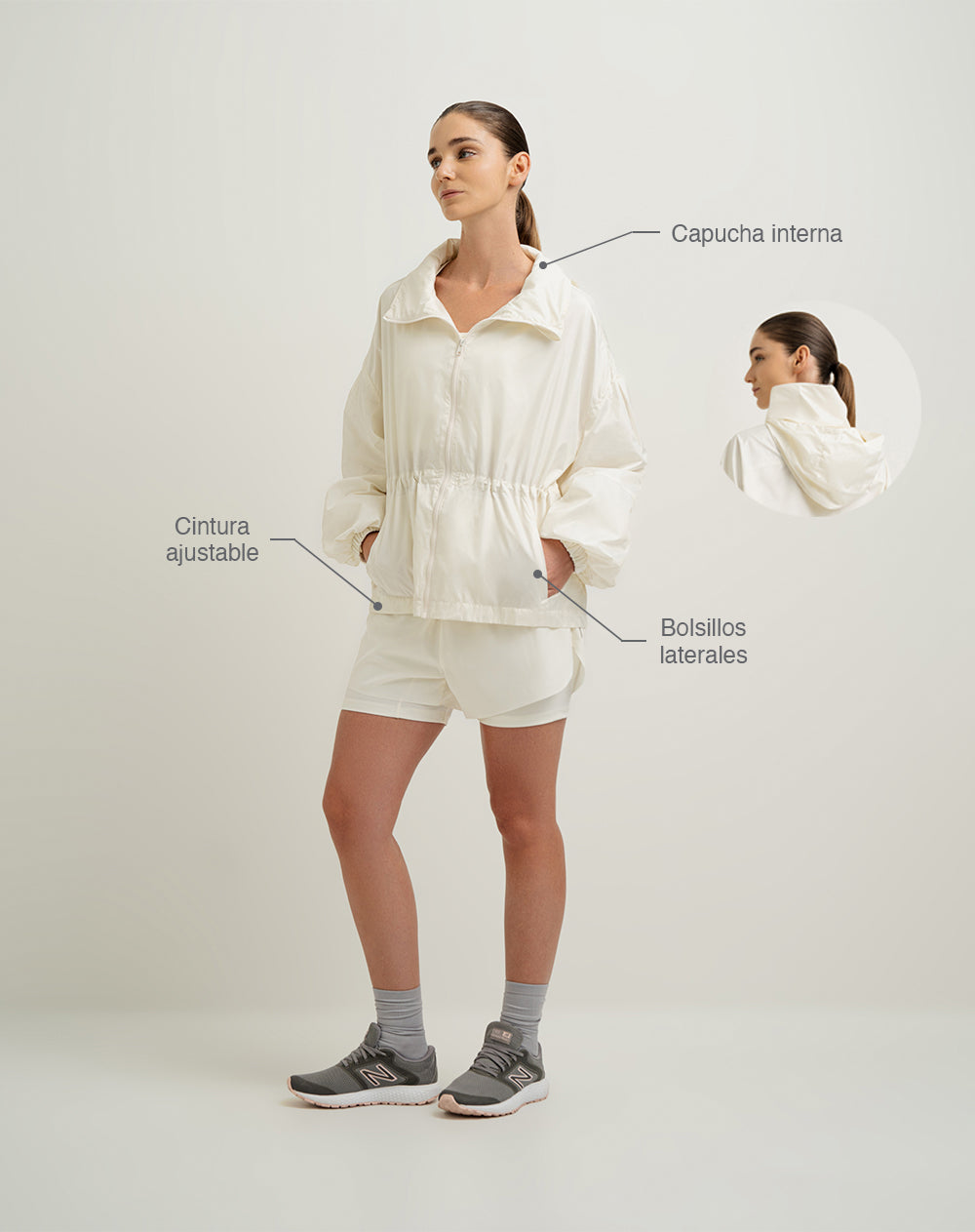 Chaqueta cintura ajustable y capucha habana para mujer