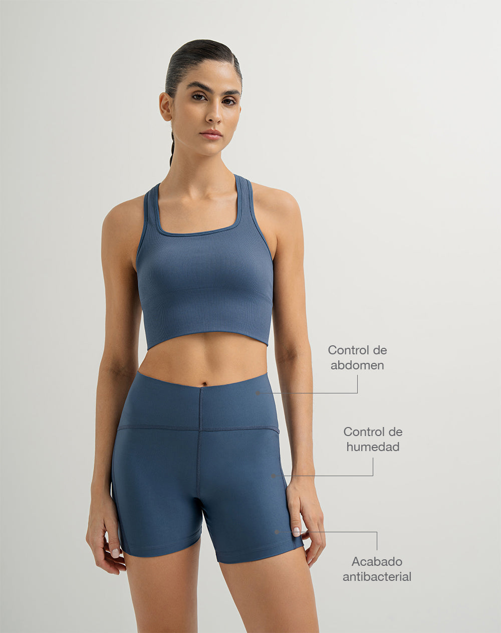 Biker deportivo tiro alto control abdomen azul mujer