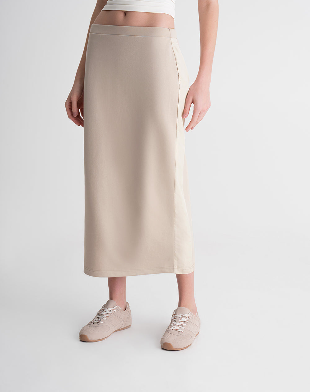 Falda midi tacto suave caqui mujer