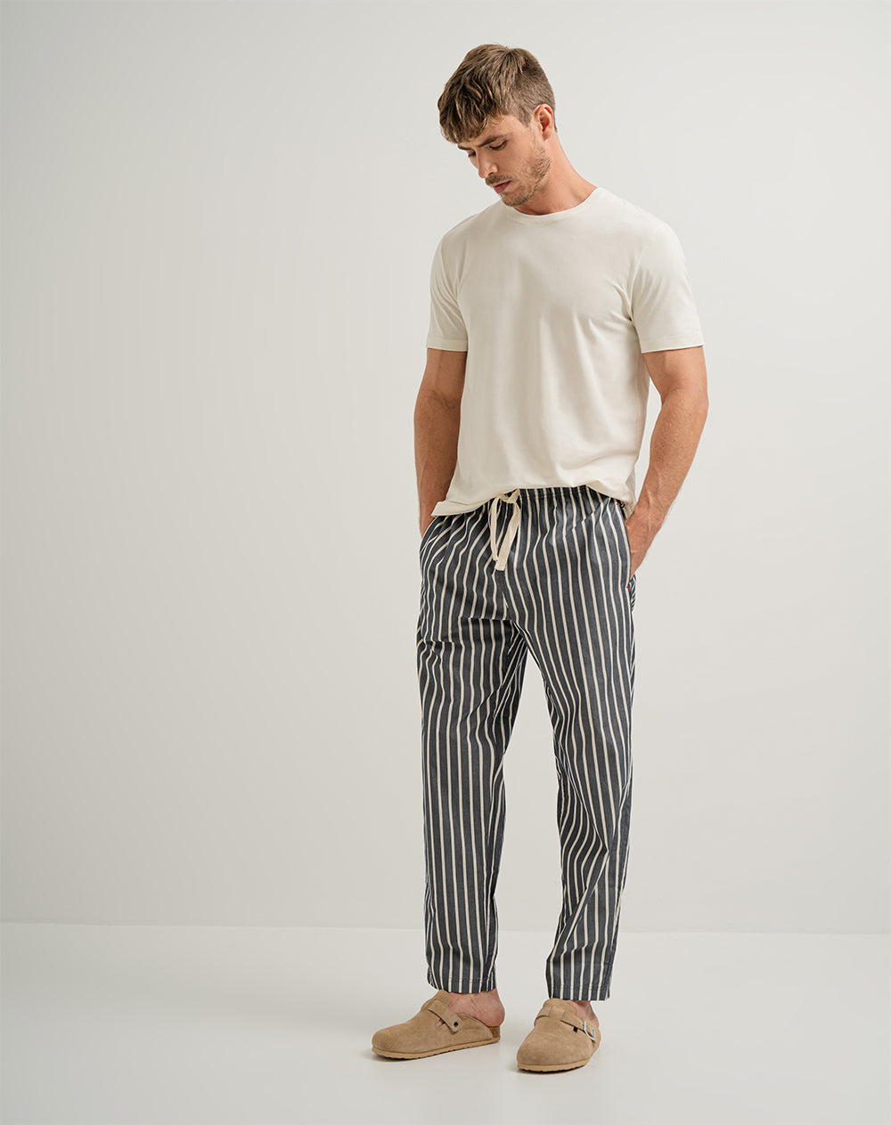 Pantalón de pijama hombre algodón largo azul rayas