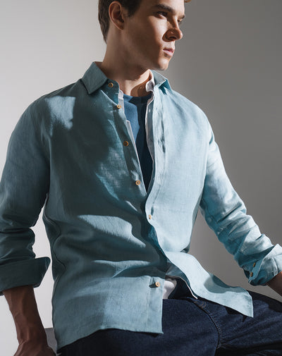 Camisa manga larga regular lino azul hombre