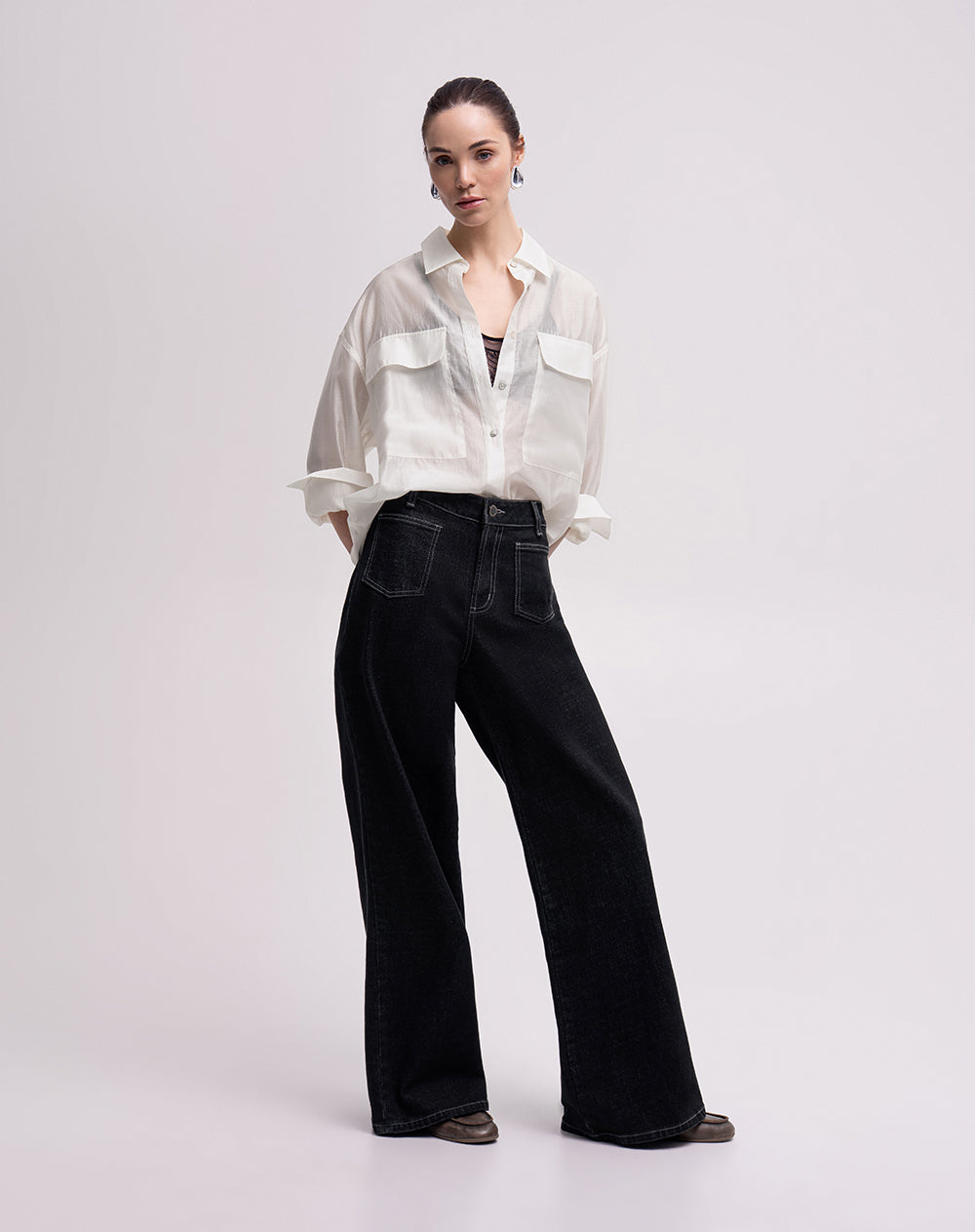 Camisa manga larga oversize semitransparente crema mujer
