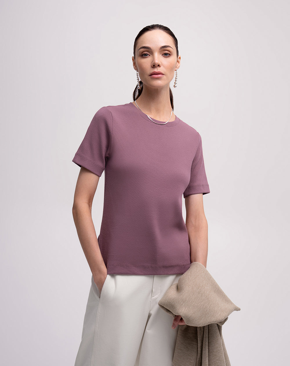 Camiseta slim rib algodón morada mujer