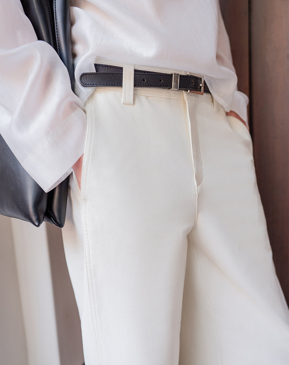 Pantalón wide leg tiro alto crema mujer