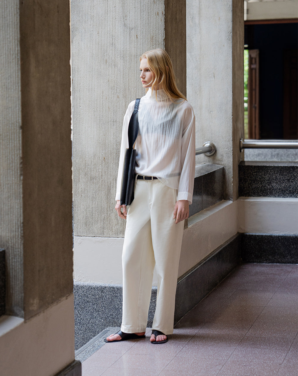 Pantalón wide leg tiro alto crema mujer