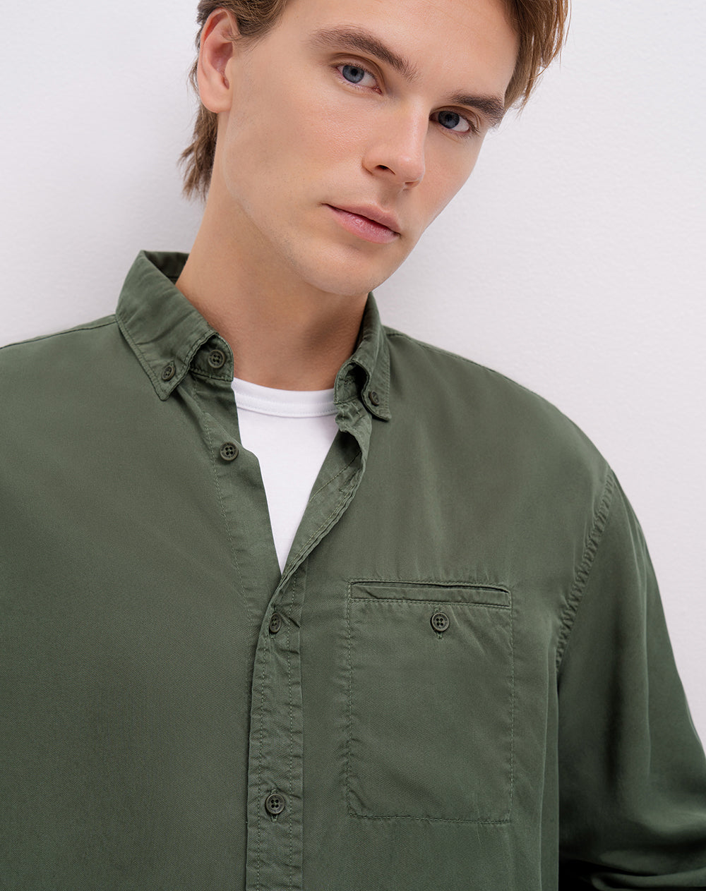 Camisa manga larga regular algodón verde hombre