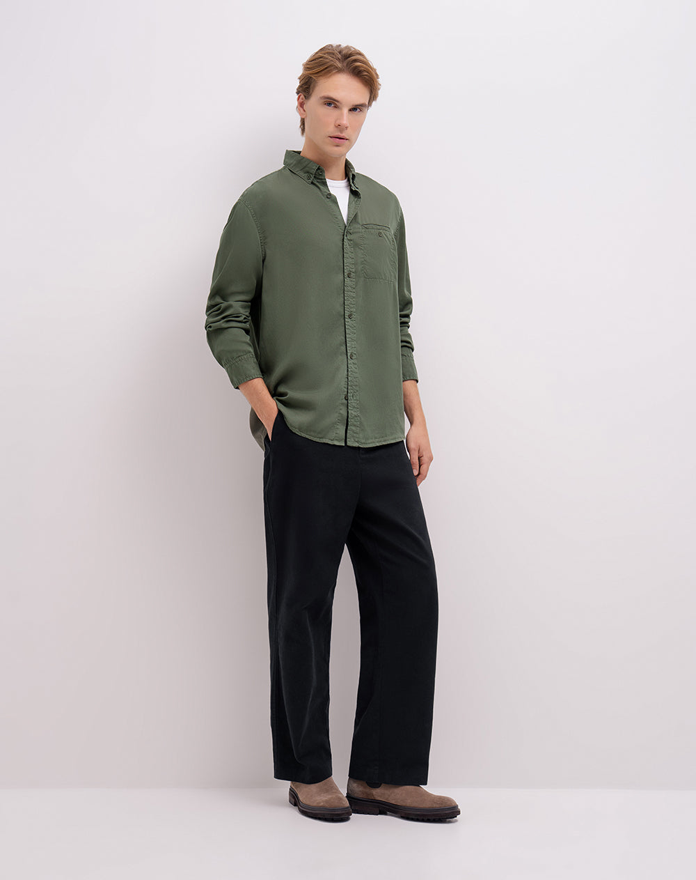 Camisa manga larga regular algodón verde hombre