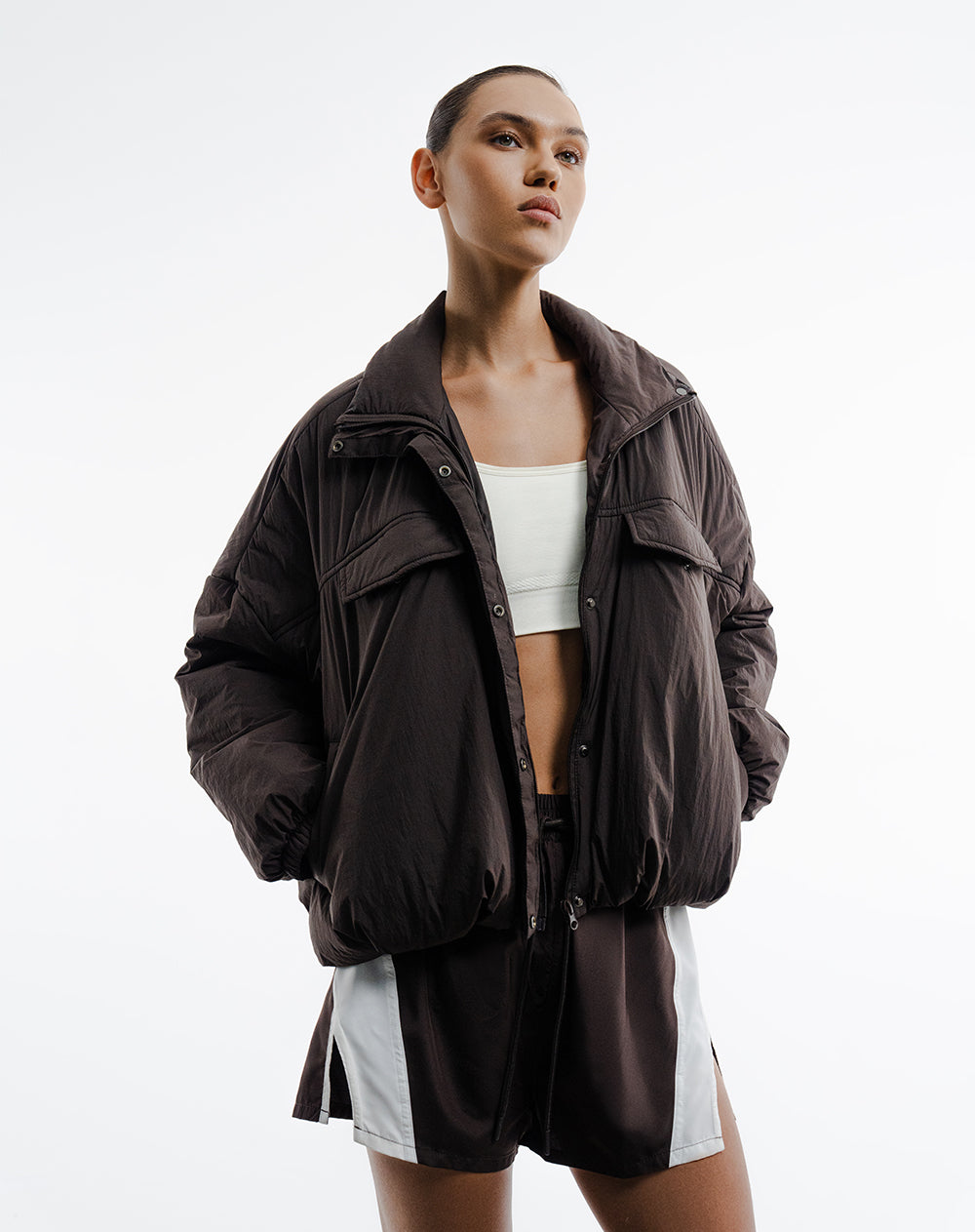 Chaqueta acolchada oversize café mujer