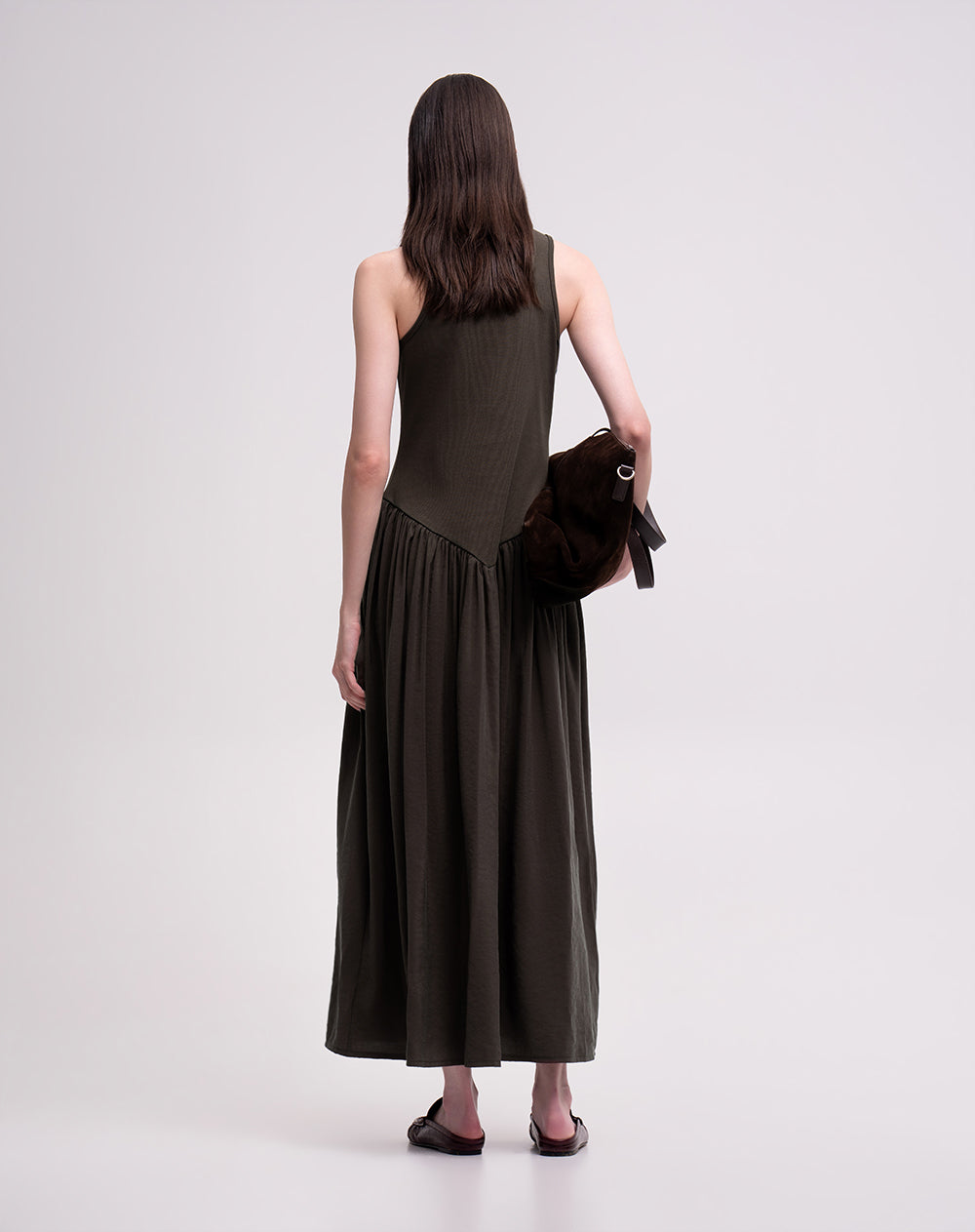 Vestido largo tejido de punto café mujer