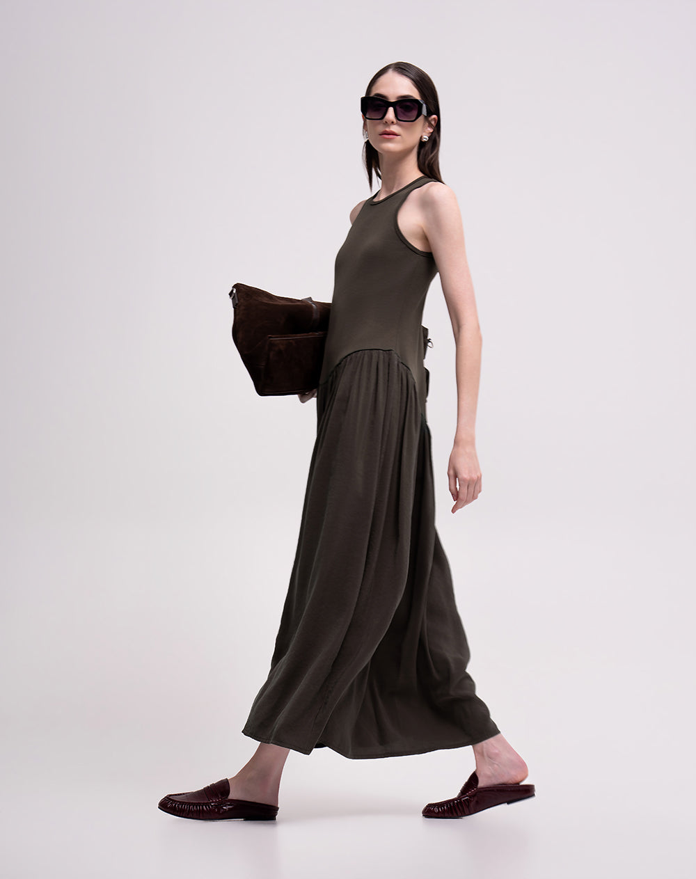 Vestido largo tejido de punto café mujer