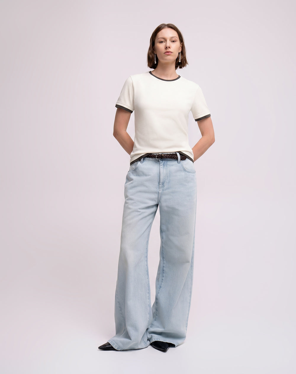 Camiseta slim tejido de punto crema mujer