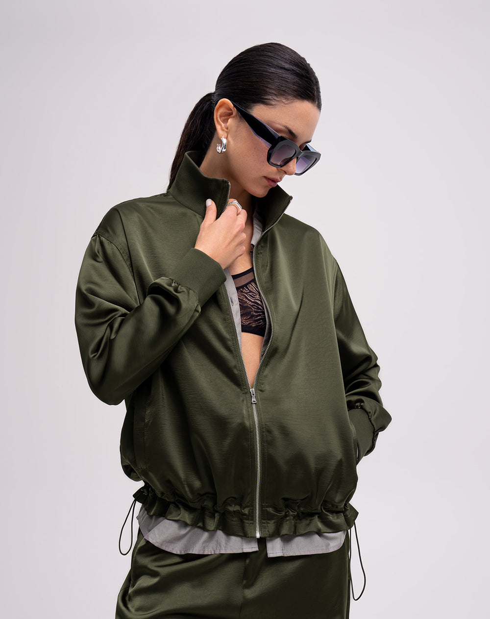 Chaqueta loose satín verde mujer