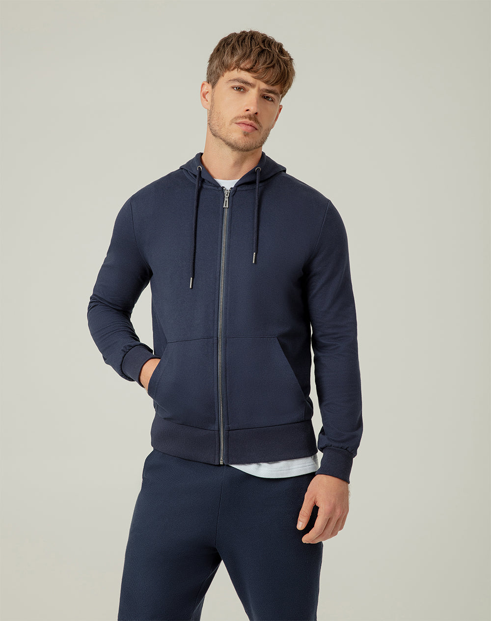 Chaqueta cierre y capucha azul oscuro para hombre