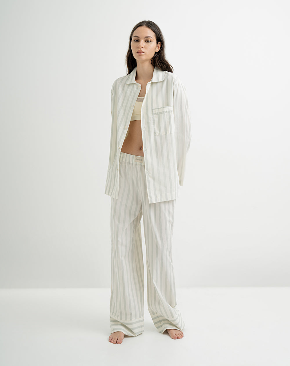 Pantalón de pijama mujer algodón largo verde rayas