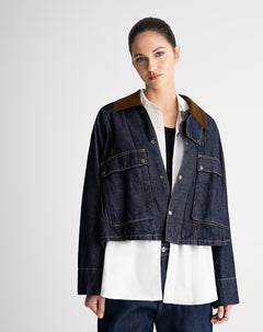 Chaqueta oversize bolsillos frontales denim azul oscuro mujer