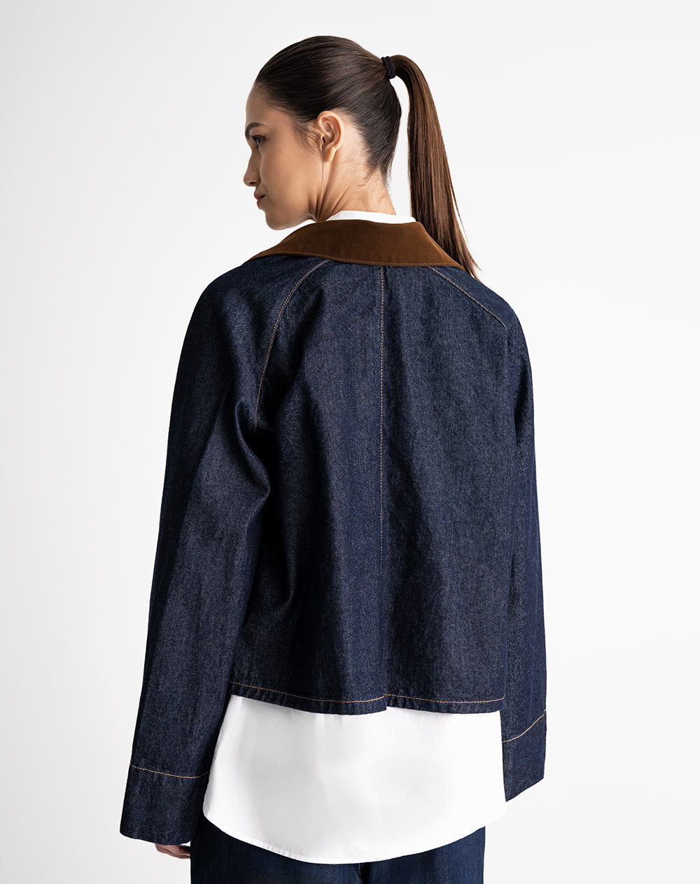 Chaqueta oversize bolsillos frontales denim azul oscuro mujer