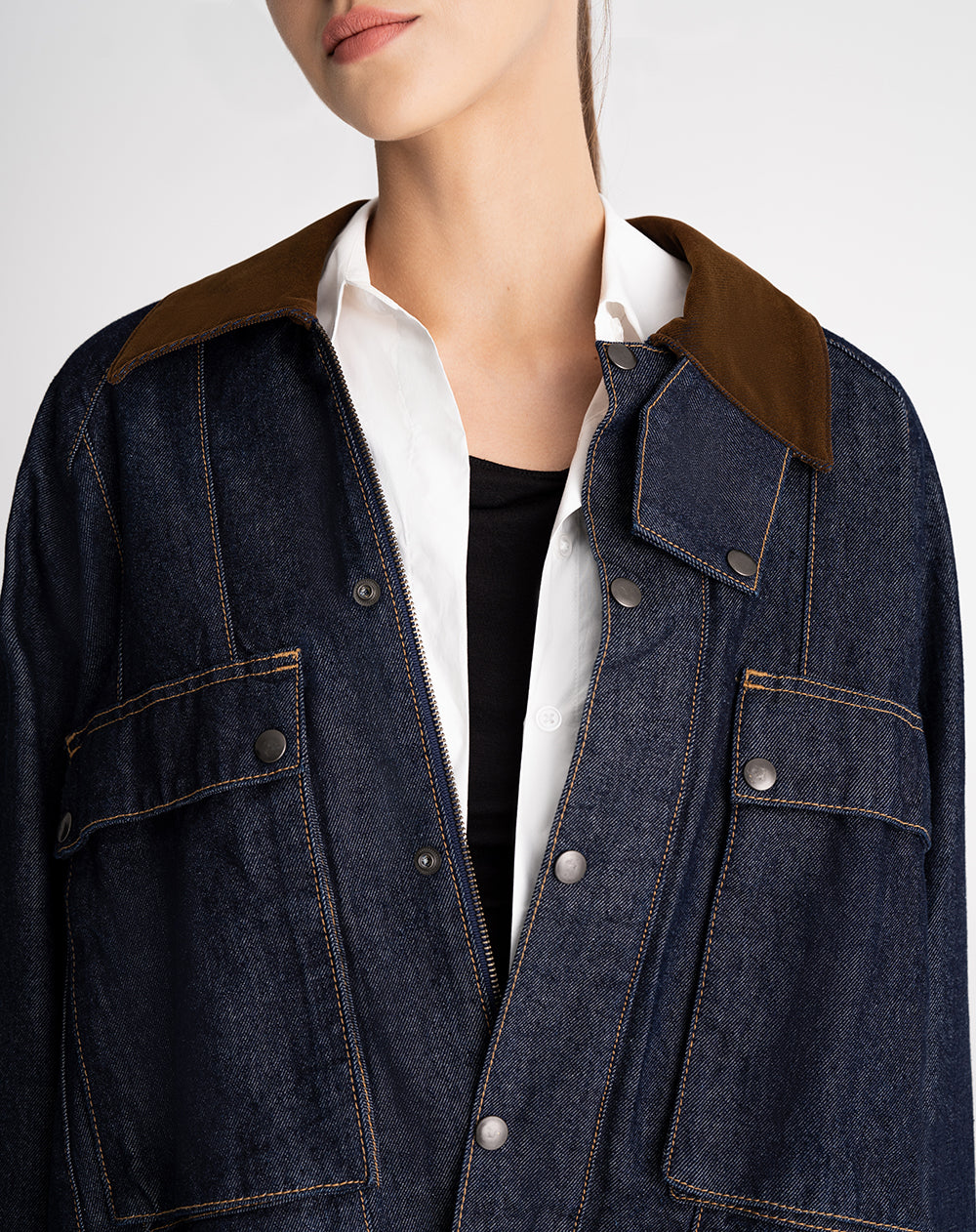 Chaqueta oversize bolsillos frontales denim azul oscuro mujer