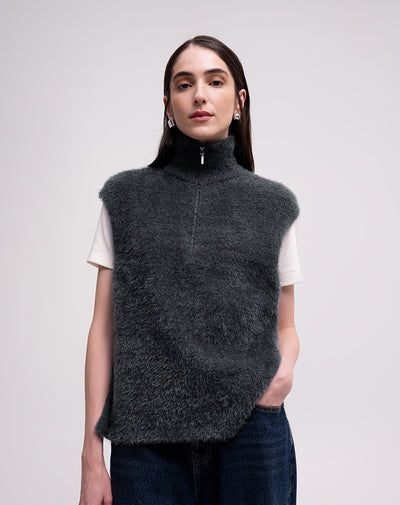 Chaleco tejido afelpado cuello alto gris mujer
