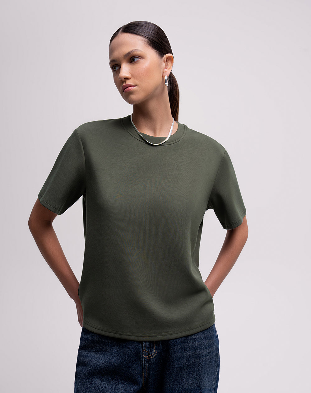 Camiseta confort regular manga corta verde mujer