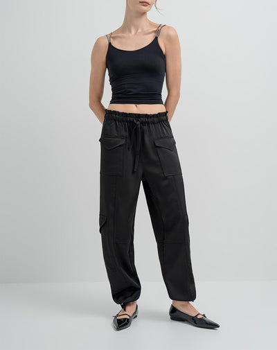 Pantalón parachute tiro alto negro mujer