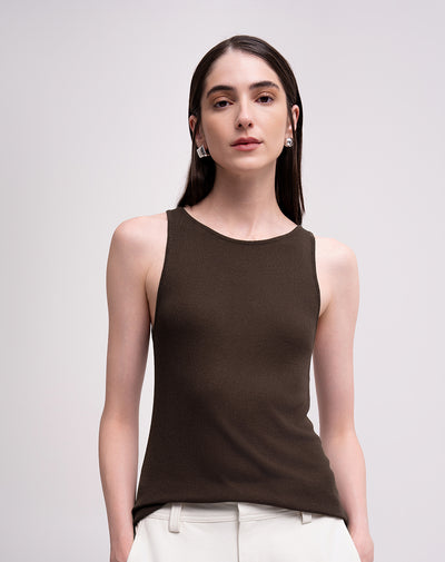 Camiseta slim tejido de punto café mujer