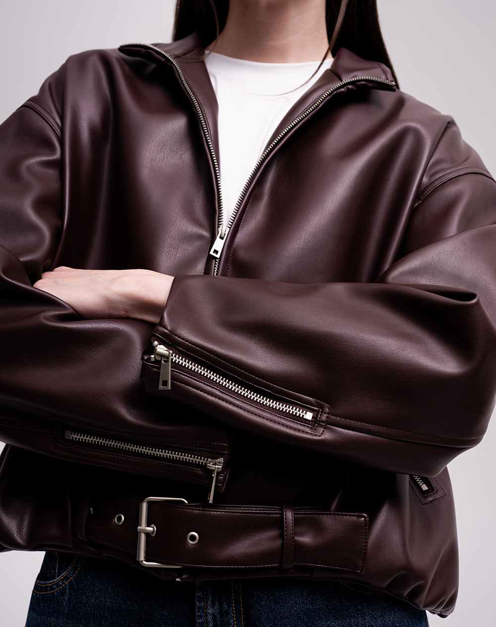 Chaqueta oversize tipo cuero  vino tinto mujer