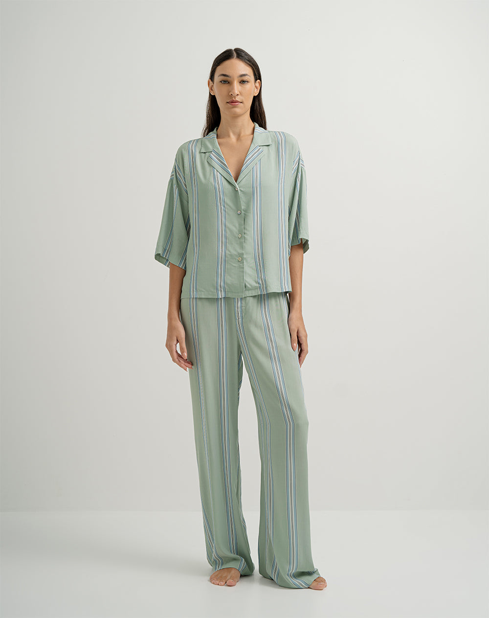 Pantalón de pijama mujer viscosa verde rayas