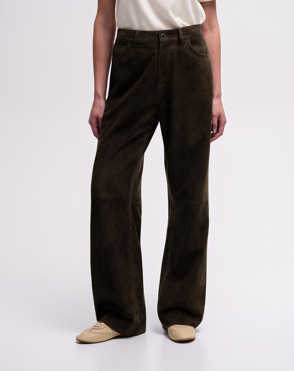 Pantalón wide leg tiro alto en cuero verde mujer