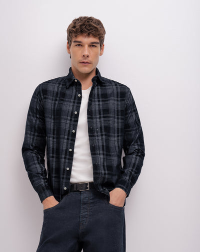 Camisa manga larga regular azul hombre