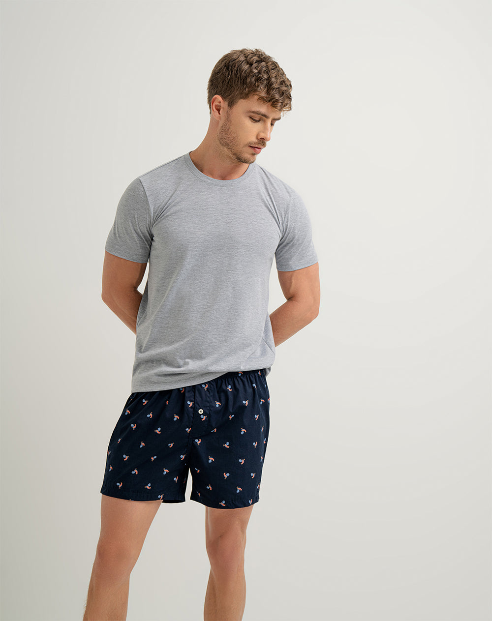 Camiseta + bermuda de pijama hombre algodón gris y azul