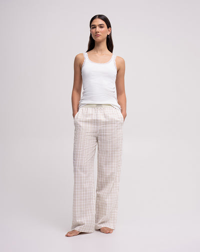 Pantalón relaxed fit tiro alto habano cuadros