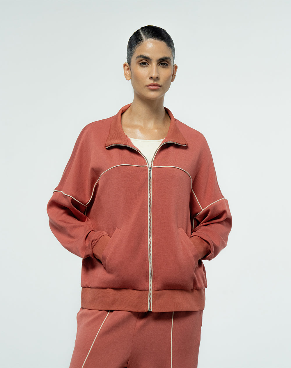 Chaqueta holgada bolsillos delanteros terracota para mujer