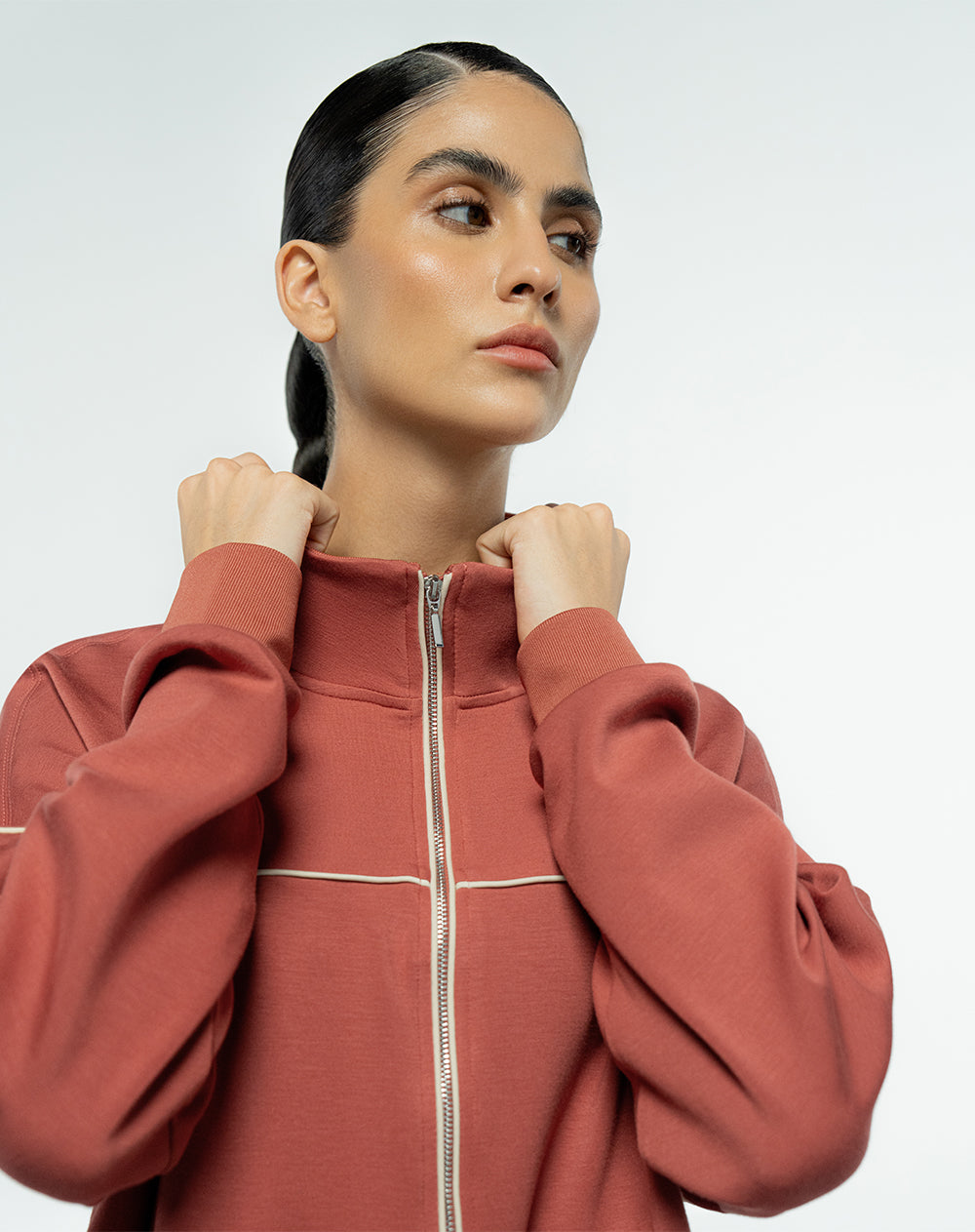 Chaqueta holgada bolsillos delanteros terracota para mujer