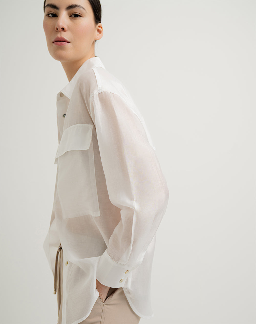 Camisa manga larga oversize con transparencia crudo mujer