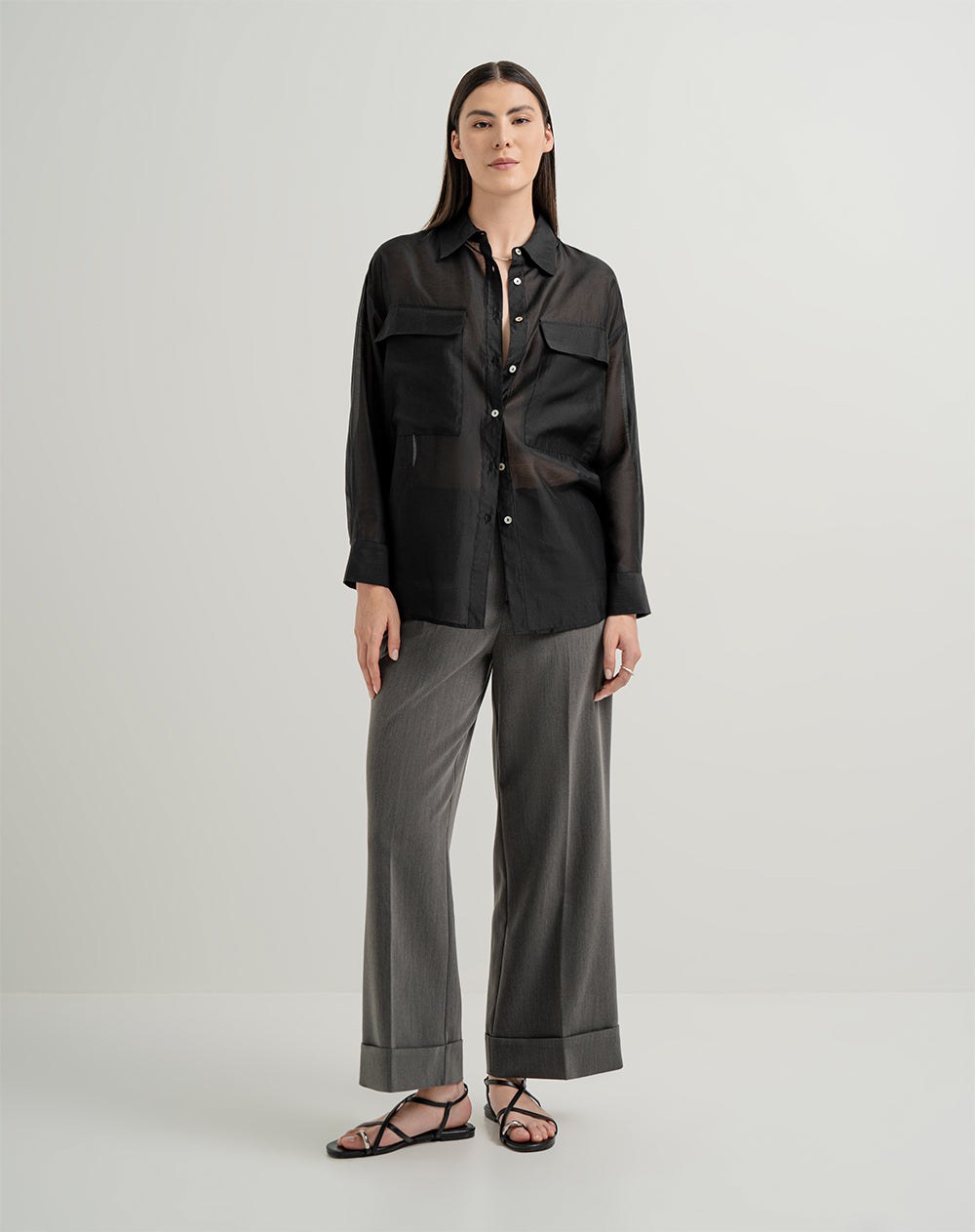 Camisa manga larga oversize transparencia negra mujer