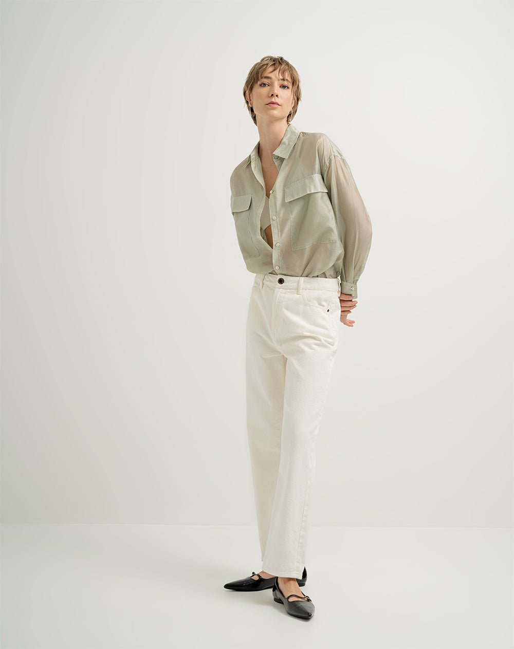 Camisa manga larga oversize con transparencia verde mujer