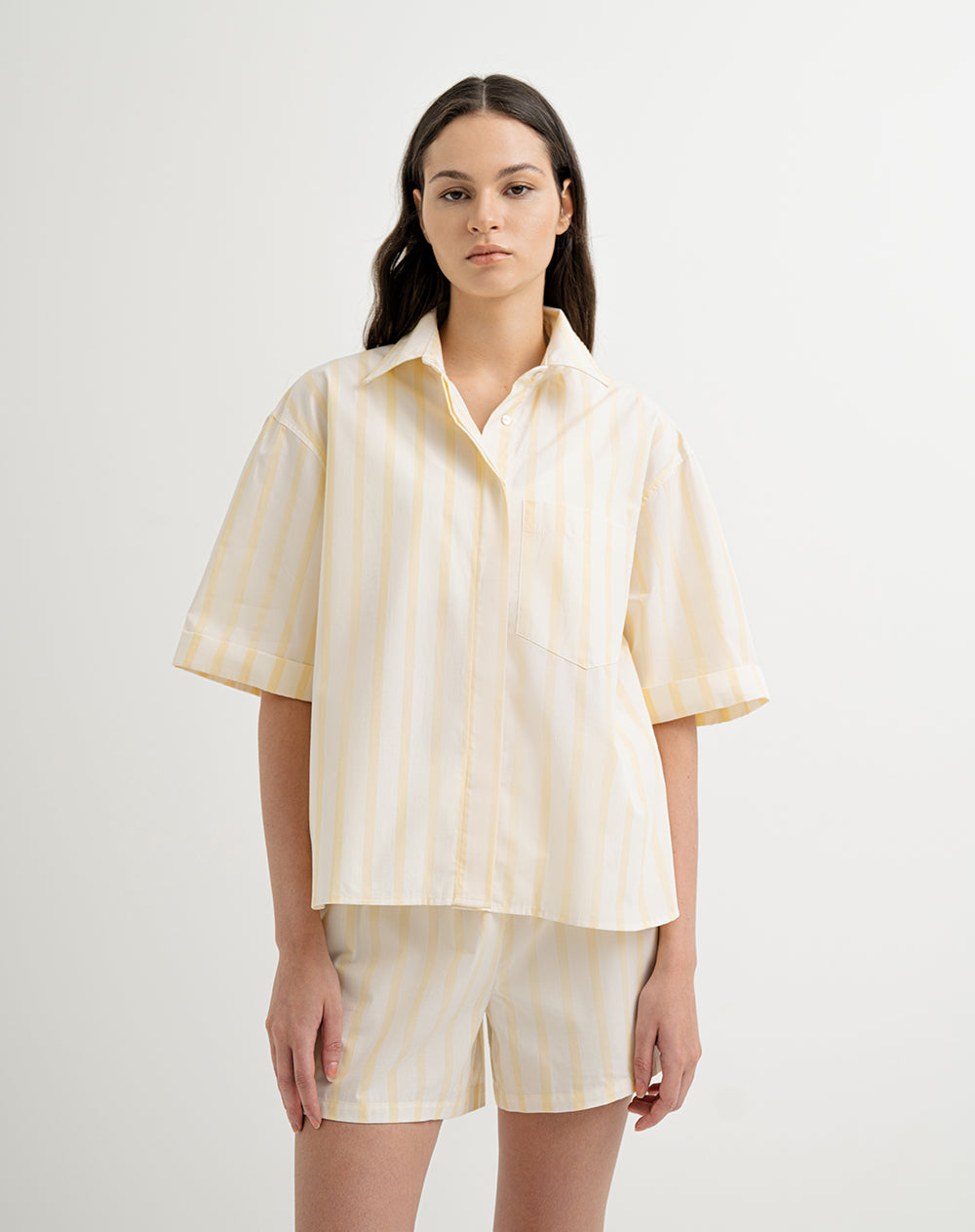 Camisa de pijama mujer algodón amarillo rayas