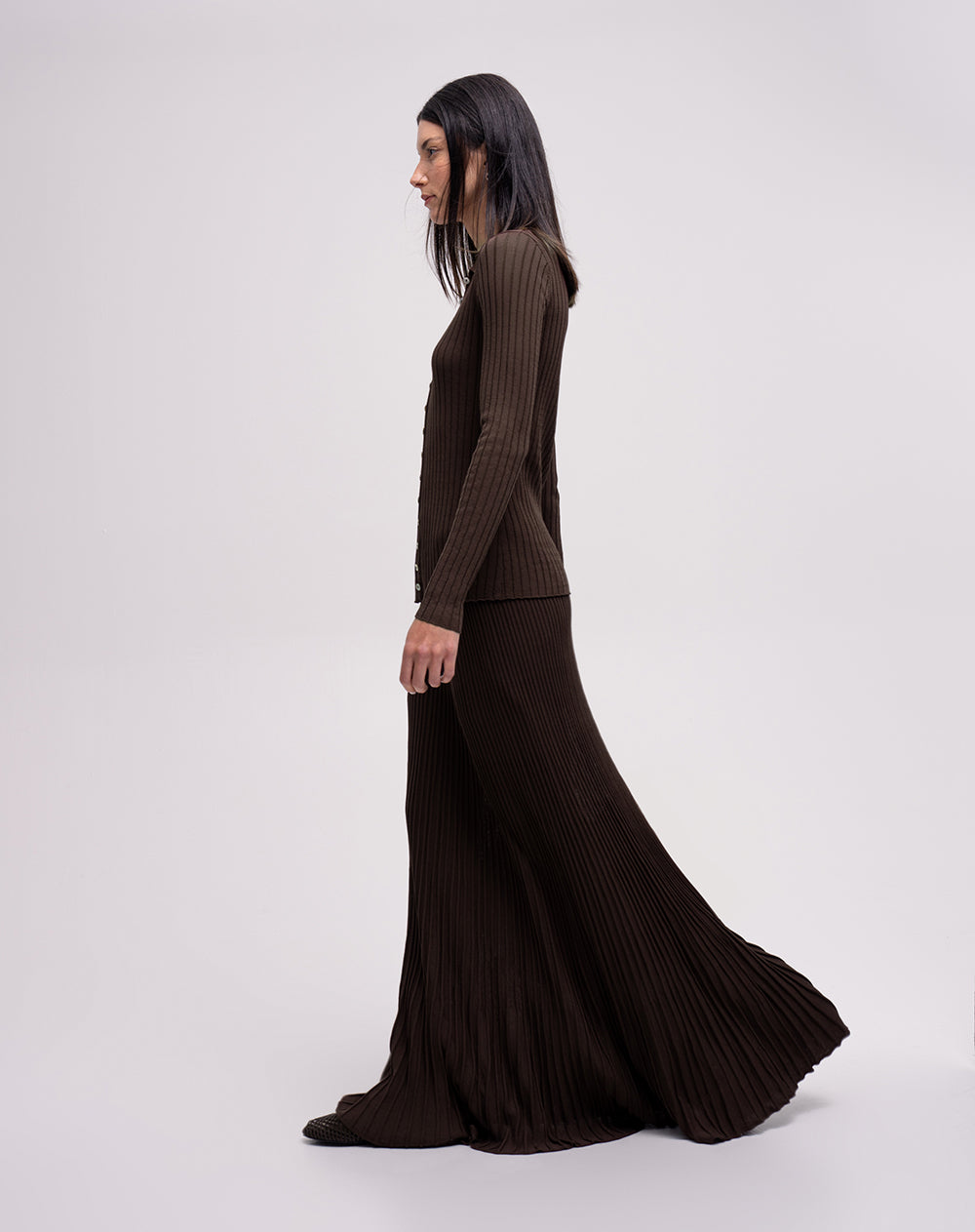 Falda larga acanalada silueta A café mujer