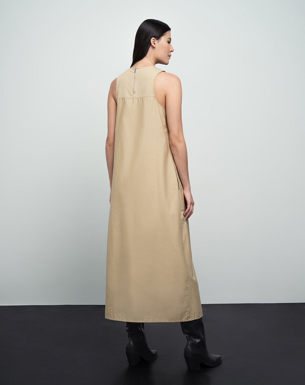 Vestido midi algodón algodón con pliegues y bolsillos caqui mujer