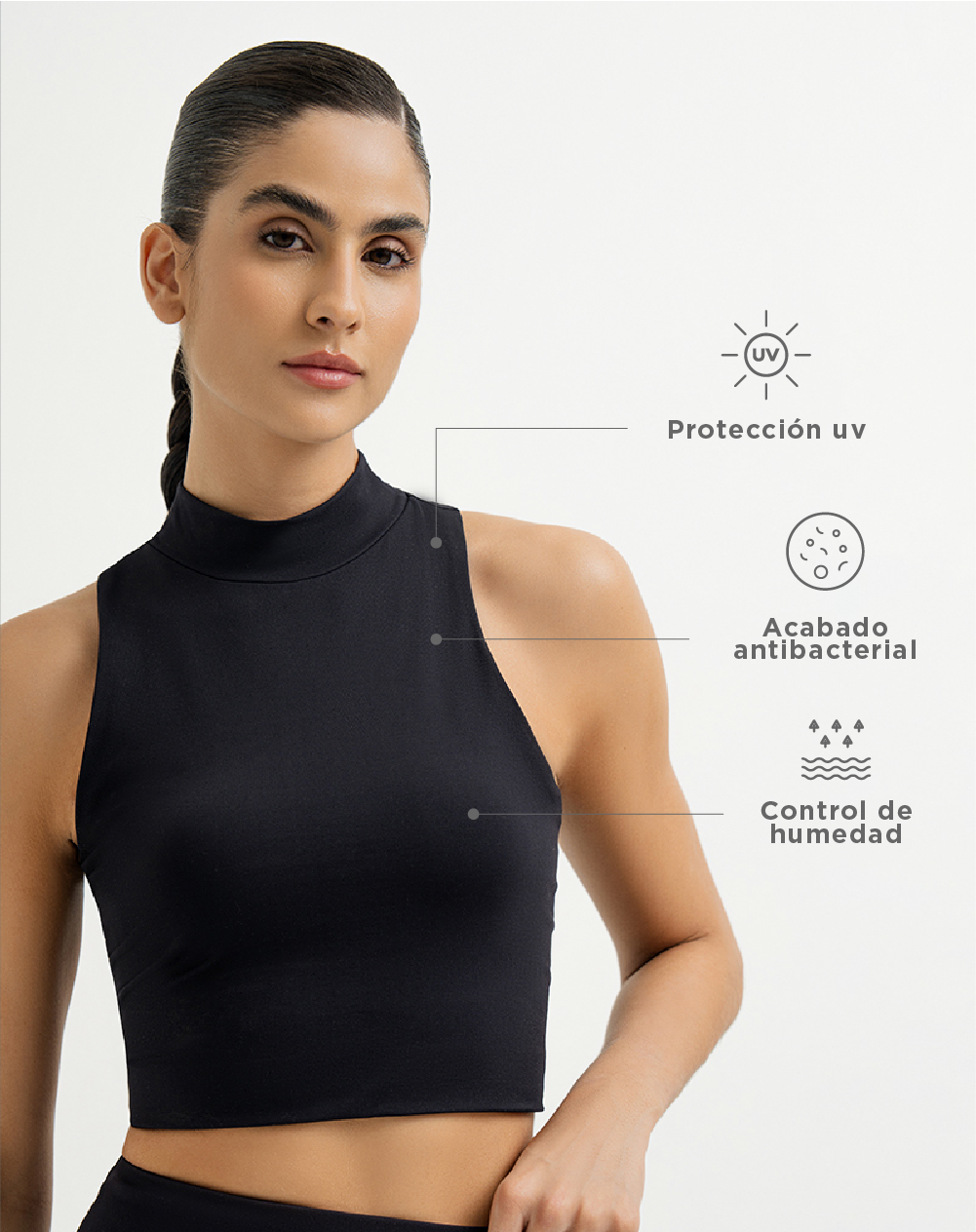 Top deportivo soporte alto control de humedad y protección UV negro