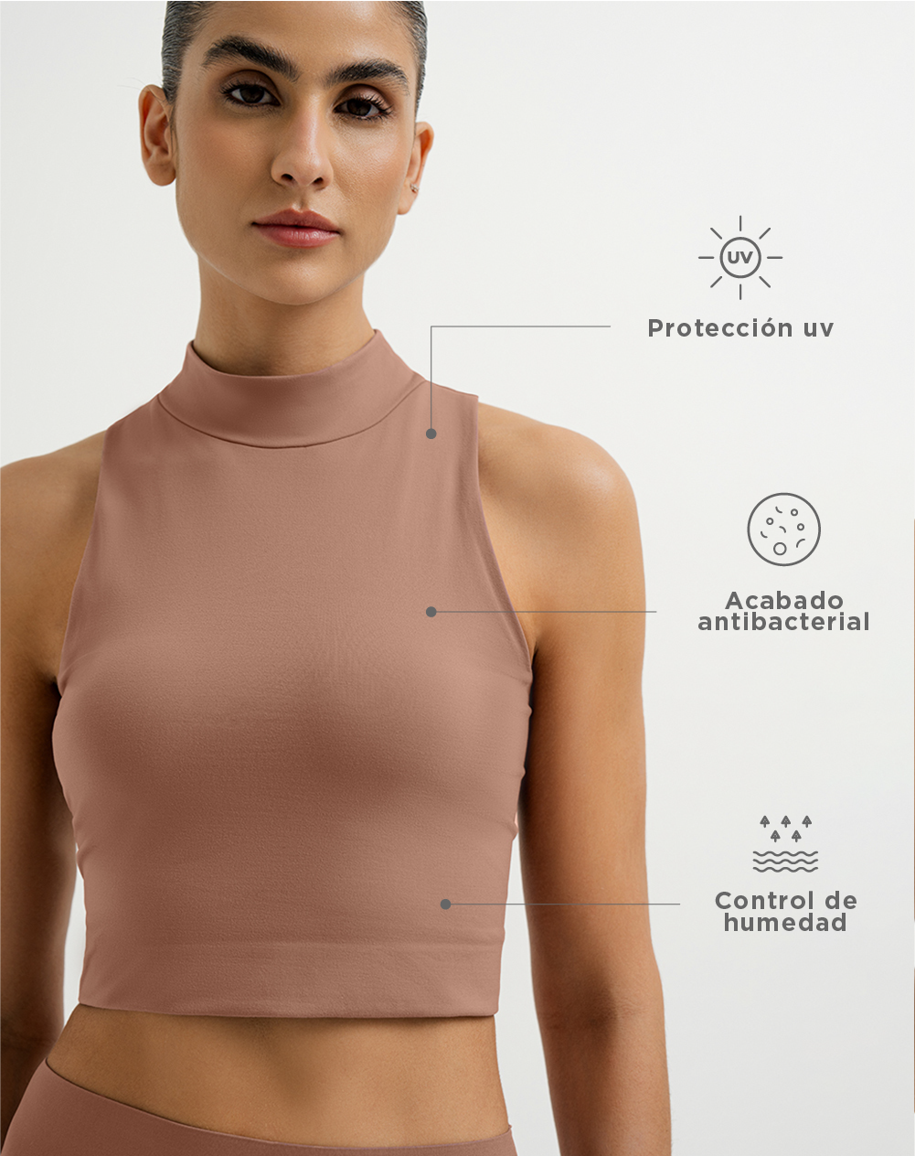 Top deportivo soporte alto control de humedad y protección UV palo de rosa