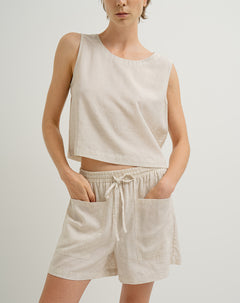 Short en lino tiro medio arena para mujer
