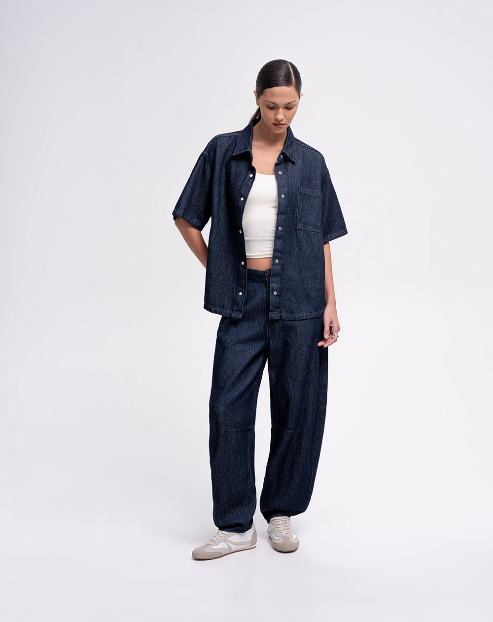 Jean tiro alto tipo balloon índigo oscuro Ana Beliza