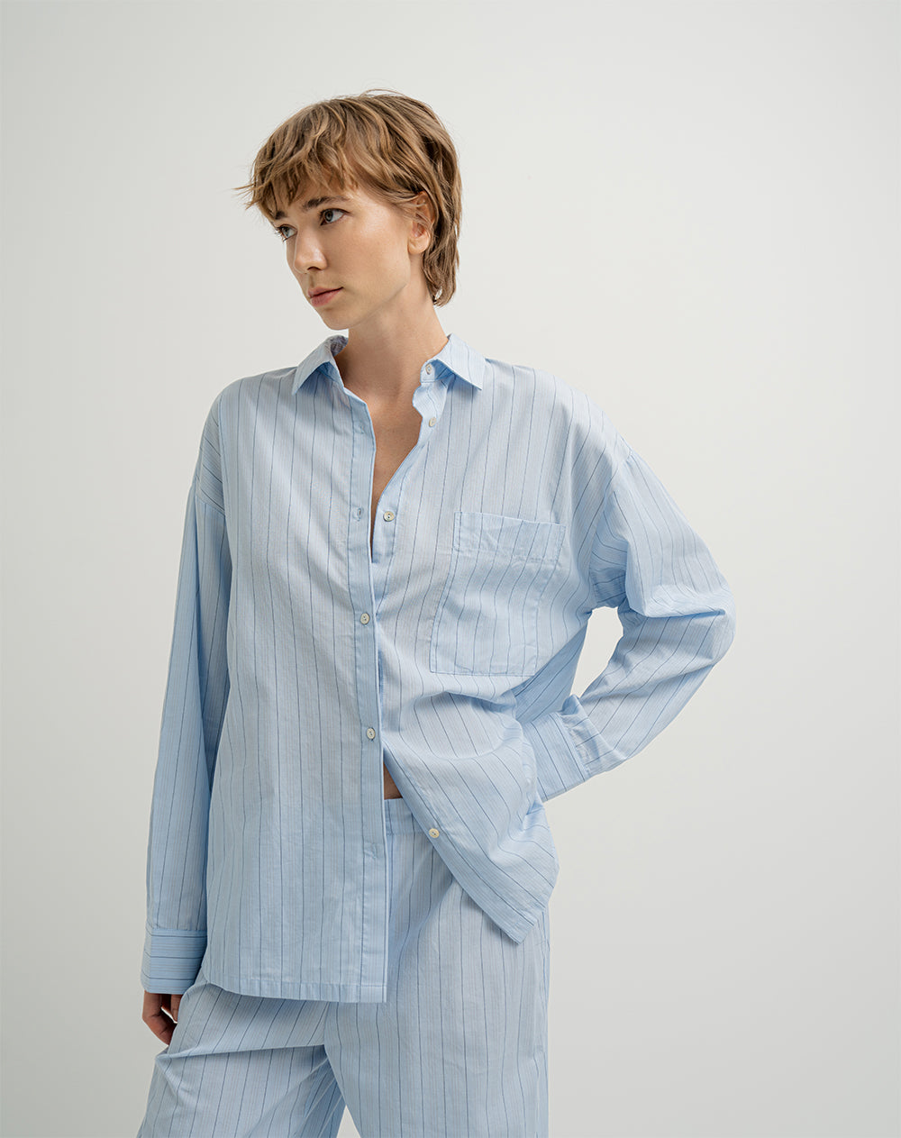 Camisa de pijama mujer algodón azul claro rayas