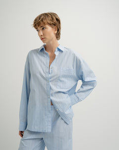 Camisa de pijama mujer algodón azul claro rayas