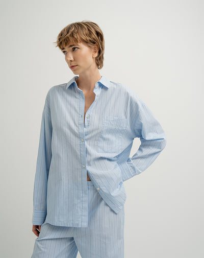 Camisa de pijama mujer algodón azul claro rayas
